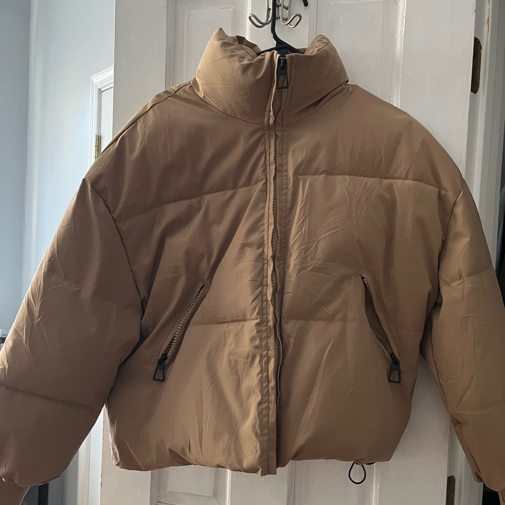 Tan Puffer Jacket w adjustable waist
